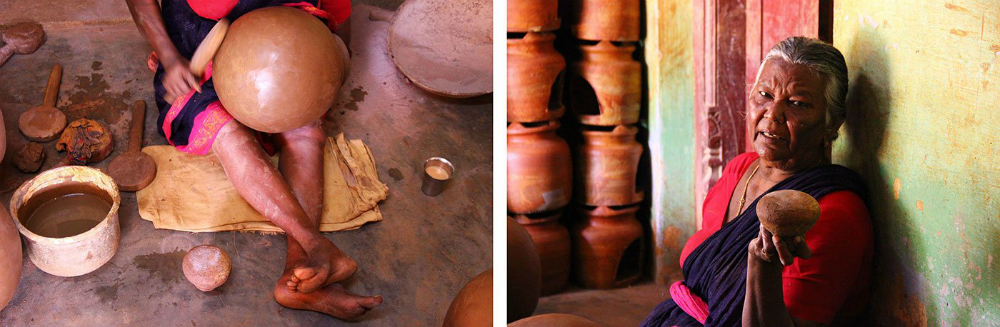 Meenakshi beating a ghatam (left). She holds up the round stone used inside the pot to smoothen the walls (right). Meenakshi beating a ghatam (left). She holds up the round stone used inside the pot to smoothen the walls (right).