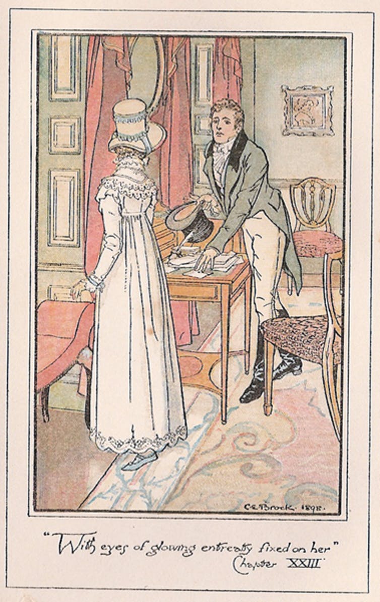 Captain Wentworth shows his letter to Anne, with eyes of glowing entreaty fixed on her. (C. E. Brock) Captain Wentworth shows his letter to Anne, with eyes of glowing entreaty fixed on her. (C. E. Brock)