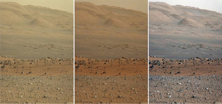 Three versions of the same view on the surface of Mars from NASA’s Curiosity rover. Left: unprocessed. Middle: adjusted to how human eyes would see it. Right: how it would look under Earth-like lighting conditions (note how the colour of the sky has changed) NASA/JPL-Caltech/MSSS Three versions of the same view on the surface of Mars from NASA’s Curiosity rover. Left: unprocessed. Middle: adjusted to how human eyes would see it. Right: how it would look under Earth-like lighting conditions (note how the colour of the sky has changed) NASA/JPL-Caltech/MSSS