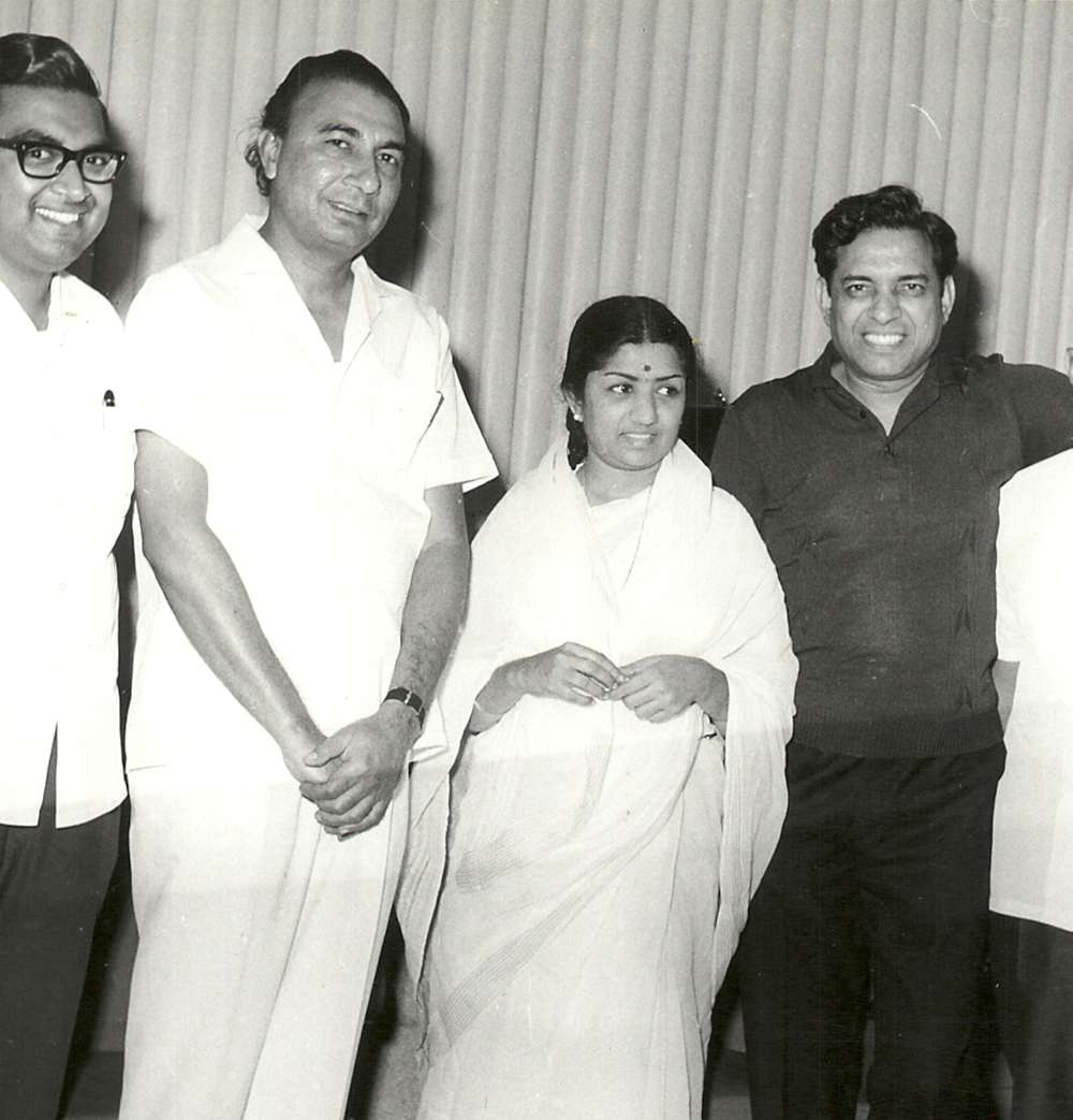 Sahir Ludhianvi (second from left), Lata Mangeshkar and music director Ravi (extreme right). Photograph courtesy Shri Manohar Iyer. Sahir Ludhianvi (second from left), Lata Mangeshkar and music director Ravi (extreme right). Photograph courtesy Shri Manohar Iyer.