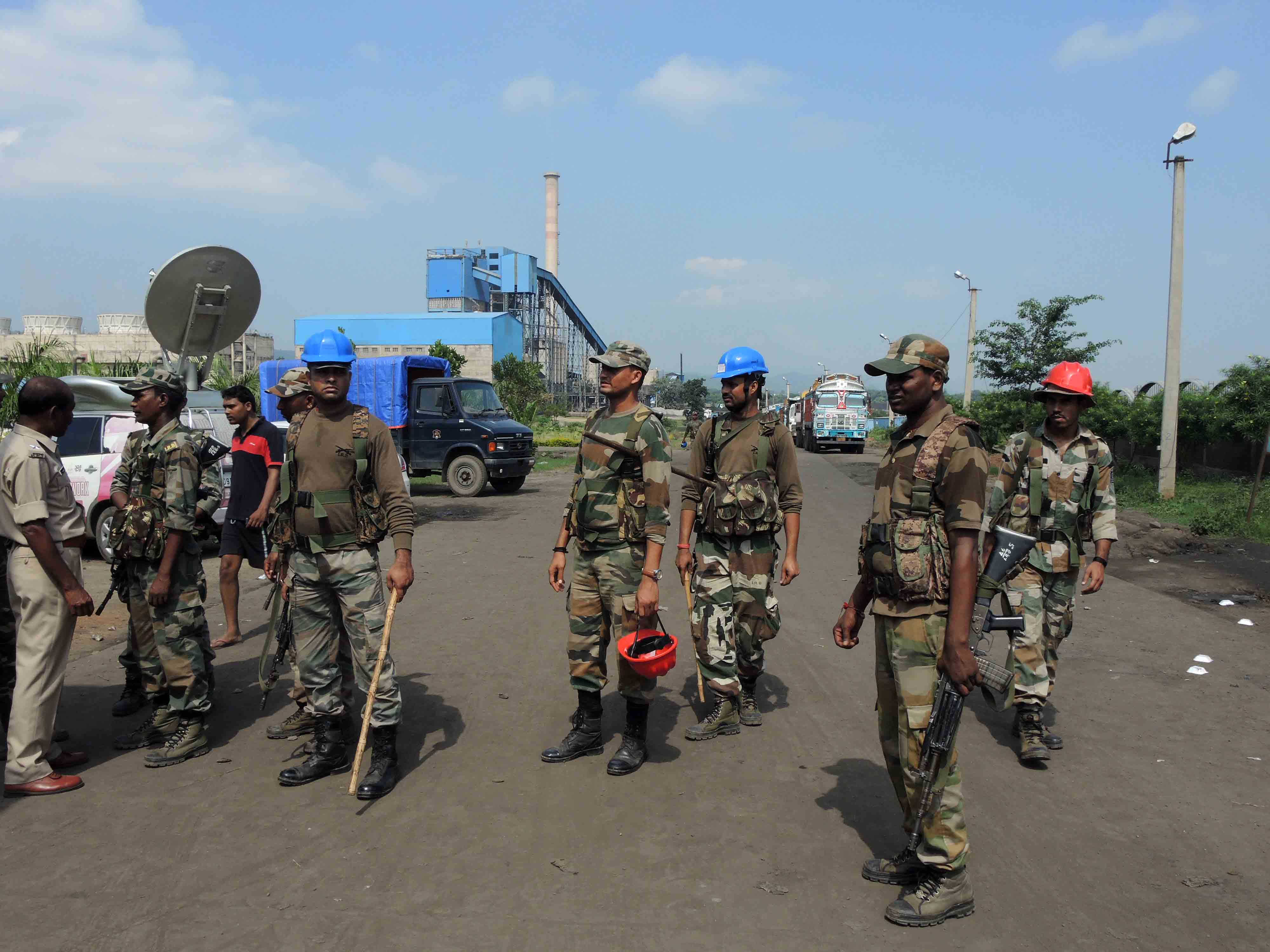 Jharkhand armed police at the Inland Power Limited's thermal power plant site in Ramgarh on Tuesday. The plant became operational in May 2014. Jharkhand armed police at the Inland Power Limited's thermal power plant site in Ramgarh on Tuesday. The plant became operational in May 2014.