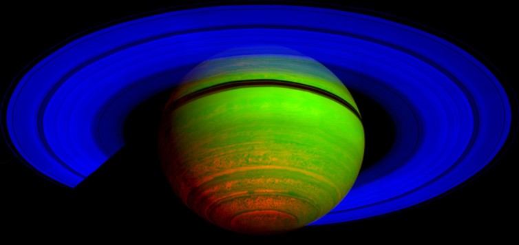 Saturn by NASA’s Cassini orbiter. This is a false colour image recorded using three infrared wavelengths, and shows patterns of thermal emission rather than reflected sunlight. NASA/JPL/ASI/University of Arizona Saturn by NASA’s Cassini orbiter. This is a false colour image recorded using three infrared wavelengths, and shows patterns of thermal emission rather than reflected sunlight. NASA/JPL/ASI/University of Arizona