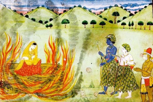 Ram, Lakshman and Hanuman watch Sita's agni pariksha or ordeal by fire. (Credit: Wikimedia Commons) Ram, Lakshman and Hanuman watch Sita's agni pariksha or ordeal by fire. (Credit: Wikimedia Commons)