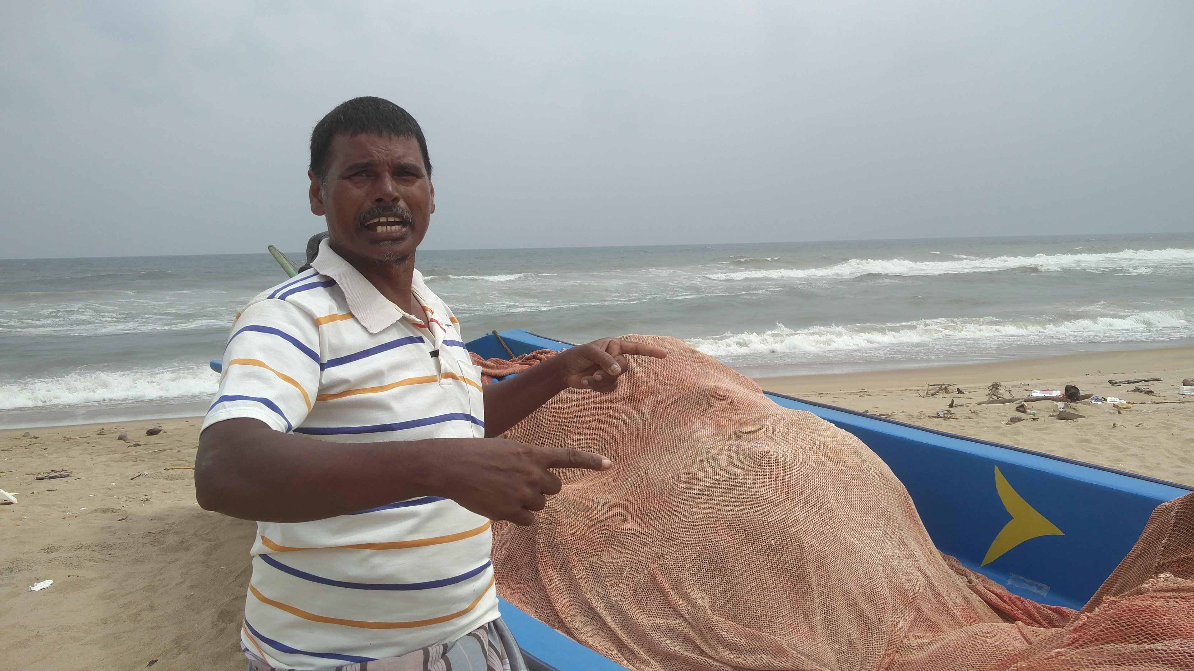 Palayam, president of the Ururkuppam Fishermen Cooperative Society, says the Adyar's waters contain high levels of chemical waste. (Credit: Vinita Govindarajan) Palayam, president of the Ururkuppam Fishermen Cooperative Society, says the Adyar's waters contain high levels of chemical waste. (Credit: Vinita Govindarajan)