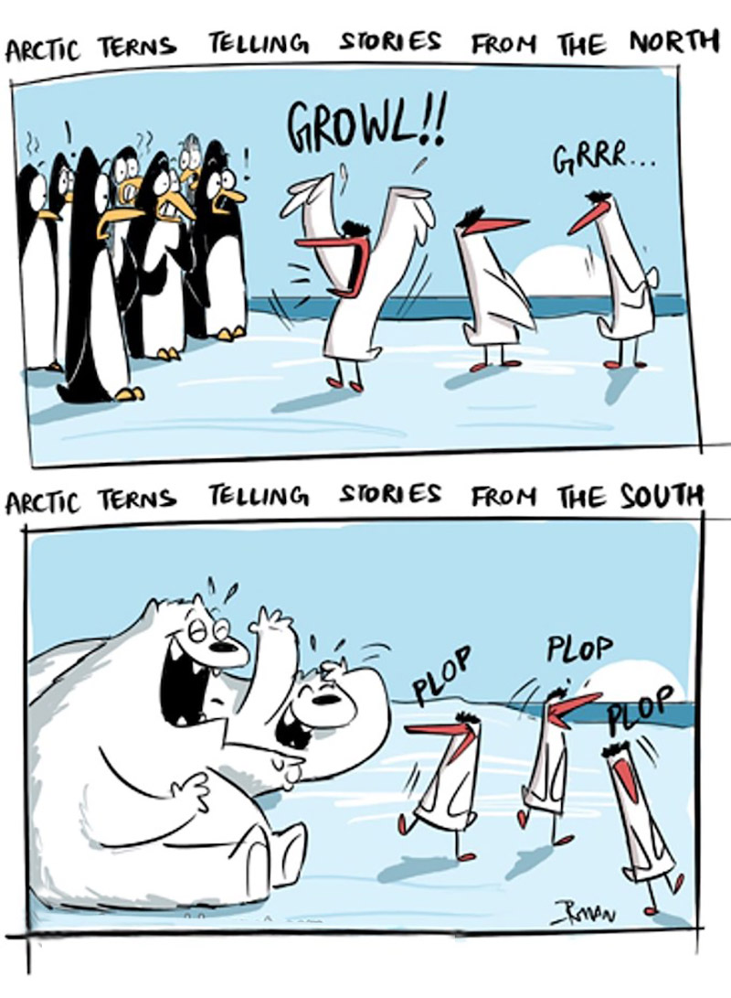 Arctic Tern Anecdotes: The cartoonist’s humorous take on Arctic Terns who migrate over 70,000 km across the globe and their view of life at both the poles. Image credit: Rohan Chakravarty / Green Arctic Tern Anecdotes: The cartoonist’s humorous take on Arctic Terns who migrate over 70,000 km across the globe and their view of life at both the poles. Image credit: Rohan Chakravarty / Green