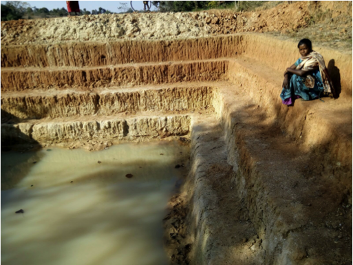 Roshani Gudiya sits by a farm pond completed under MGNREGA. Roshani Gudiya sits by a farm pond completed under MGNREGA.