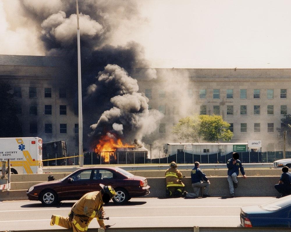 FBI personnel and rescue workers outside the smoking Pentagon shortly after the attack on 9/11. (Pic: FBI) FBI personnel and rescue workers outside the smoking Pentagon shortly after the attack on 9/11. (Pic: FBI)