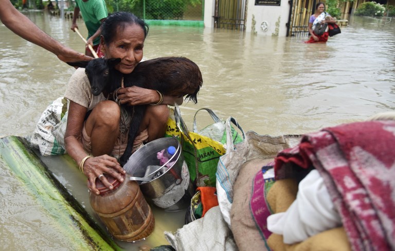 A woman holds a goat on a raft in the flood-affected Koliabor village in Assam. (Credit: Biju Boro/AFP) A woman holds a goat on a raft in the flood-affected Koliabor village in Assam. (Credit: Biju Boro/AFP)