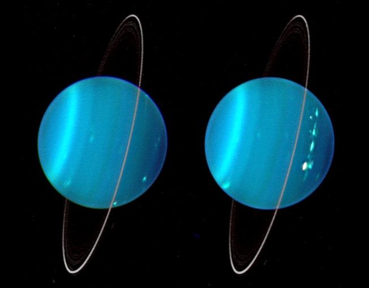 Two false-colour views of Uranus, the first using 3 wavelengths of near infrared light, the second in visible light. Lawrence Sromovsky, University of Wisconsin-Madison/W.W. Keck Observatory Two false-colour views of Uranus, the first using 3 wavelengths of near infrared light, the second in visible light. Lawrence Sromovsky, University of Wisconsin-Madison/W.W. Keck Observatory