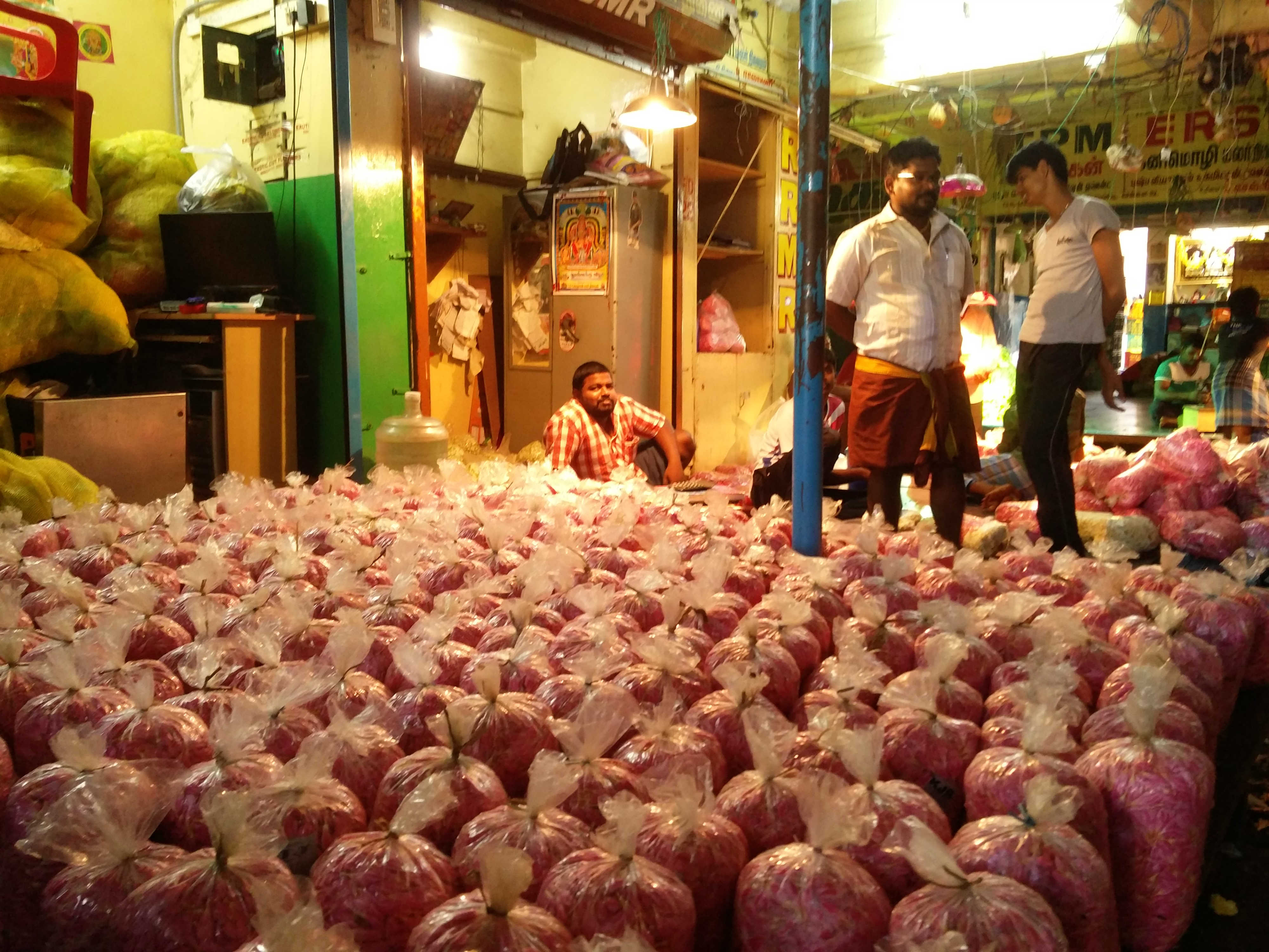 Muthuraman's unsold packets of flower petals. Muthuraman's unsold packets of flower petals.