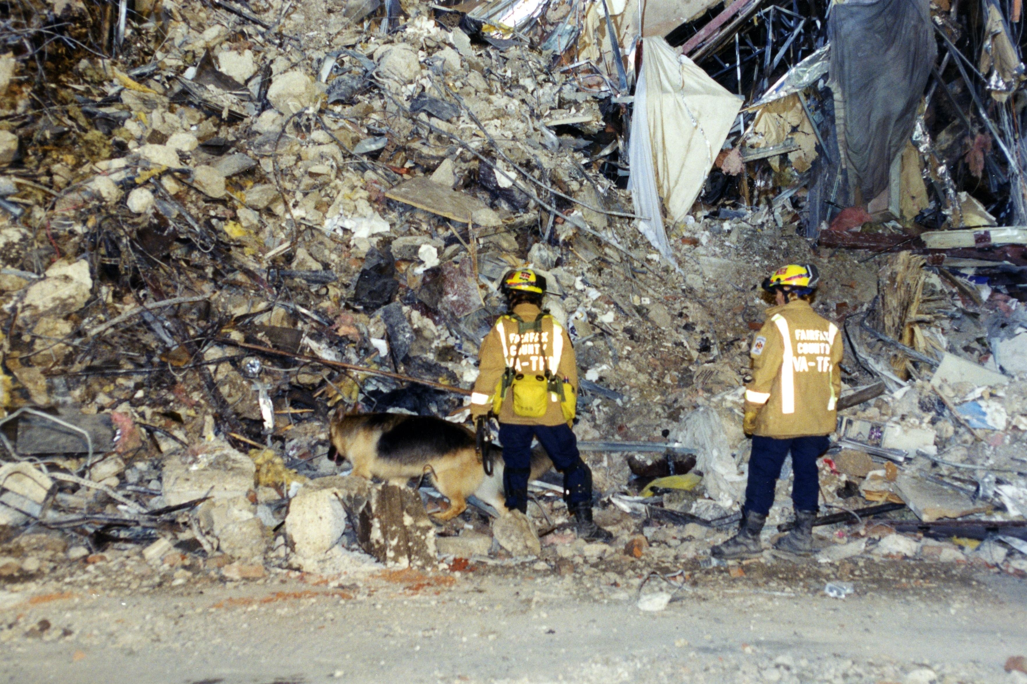 Fairfax County personnel with canine searching through debris outside the Pentagon following the attack on 9/11. (Pic: FBI) Fairfax County personnel with canine searching through debris outside the Pentagon following the attack on 9/11. (Pic: FBI)