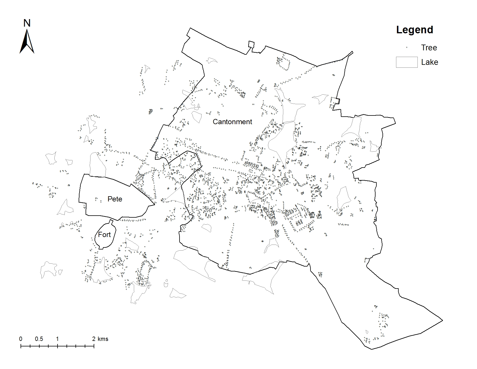 Distribution of trees and lakes in Bengaluru in 1885 Distribution of trees and lakes in Bengaluru in 1885