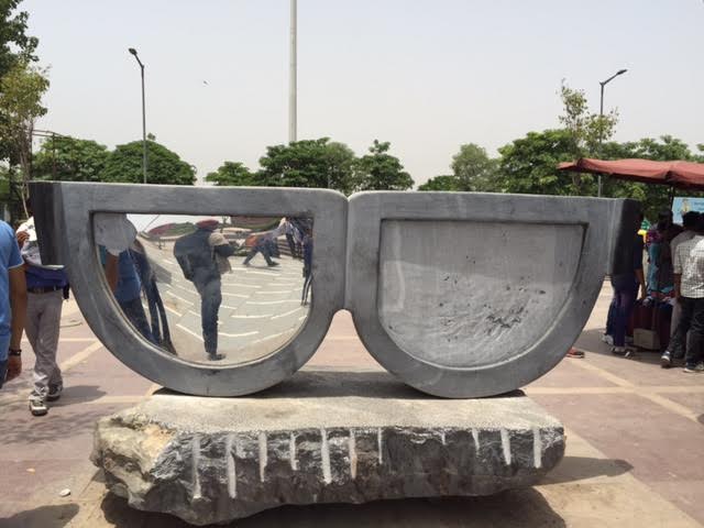 The Mirror, by Bhupat Dudi, at Palika Bazaar. One of the sculpture's mirrors has been vandalised. Credit: Zinnia Ray Chaudhuri The Mirror, by Bhupat Dudi, at Palika Bazaar. One of the sculpture's mirrors has been vandalised. Credit: Zinnia Ray Chaudhuri