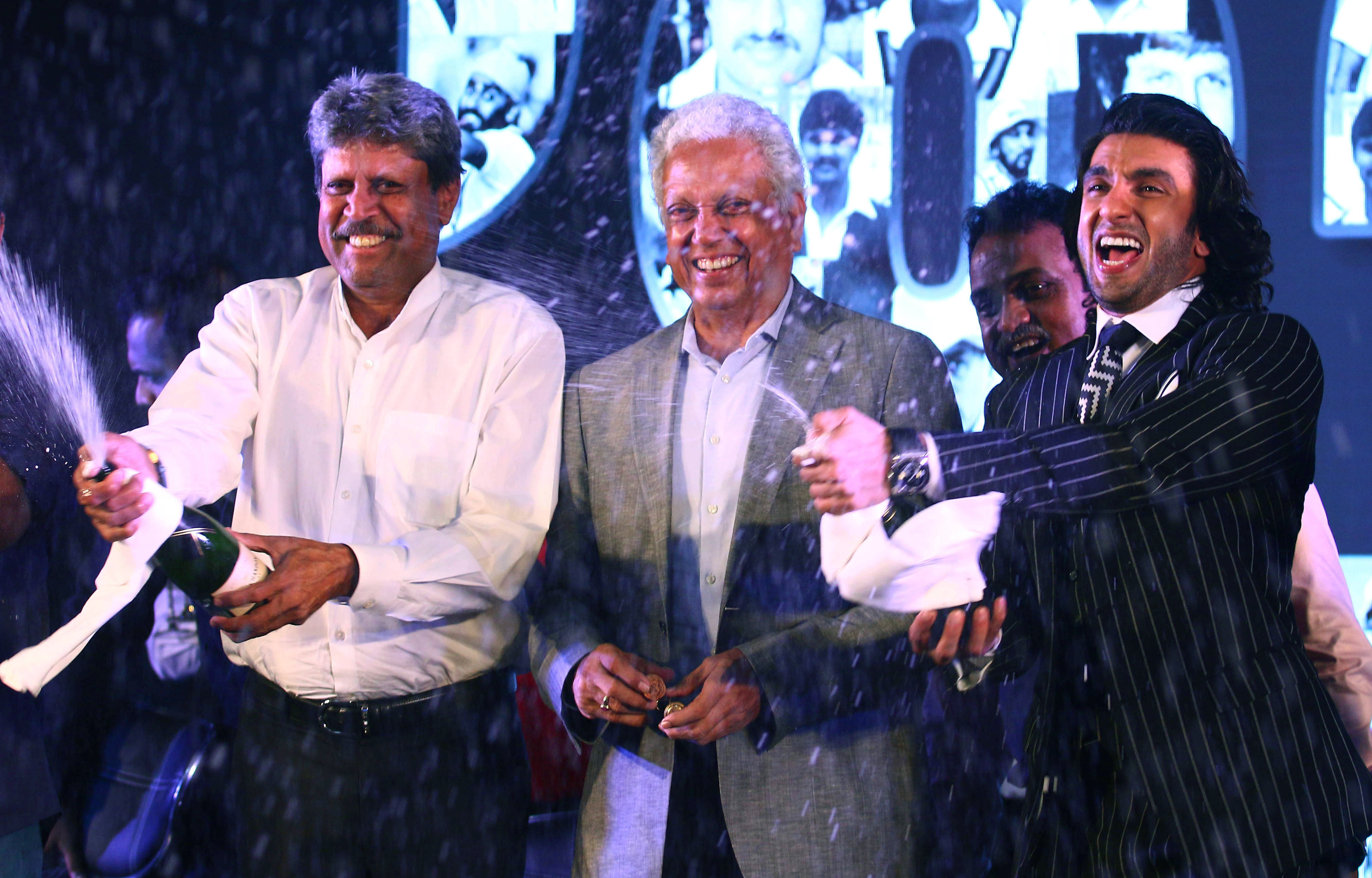 Kapil Dev, Mohinder Amarnath and Ranveer Singh at the launch of 1983 / AFP Kapil Dev, Mohinder Amarnath and Ranveer Singh at the launch of 1983 / AFP