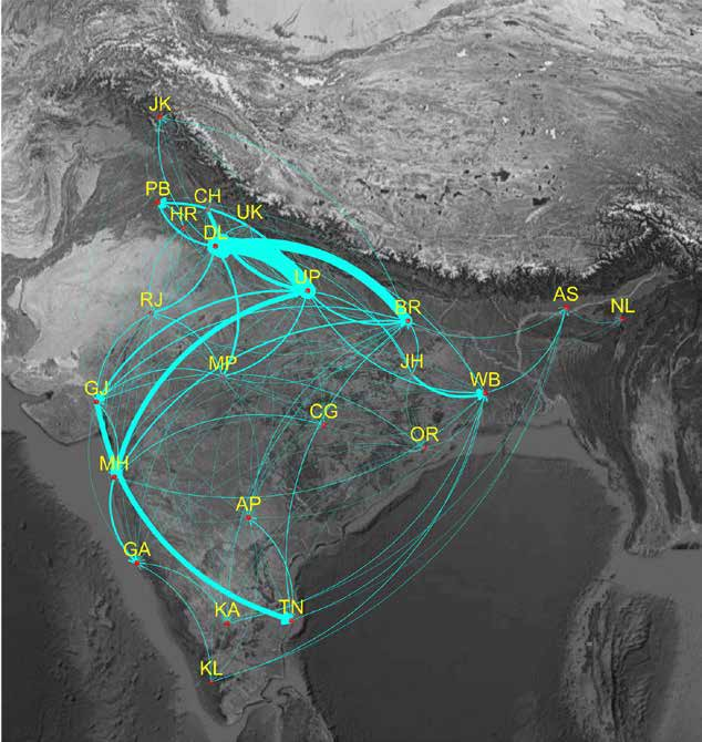 As Indians range across the country seeking work, pathogens are traveling too. Based on rail passenger data, a map of inter-state migration in India. (Image: Economic Survey 2016) As Indians range across the country seeking work, pathogens are traveling too. Based on rail passenger data, a map of inter-state migration in India. (Image: Economic Survey 2016)