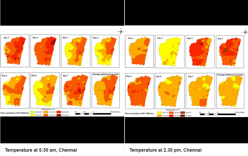 Source: Theoretical and Applied Climatology. In Chennai, the hottest areas are the urban centres and the coolest farmlands and open places. Source: Theoretical and Applied Climatology. In Chennai, the hottest areas are the urban centres and the coolest farmlands and open places.
