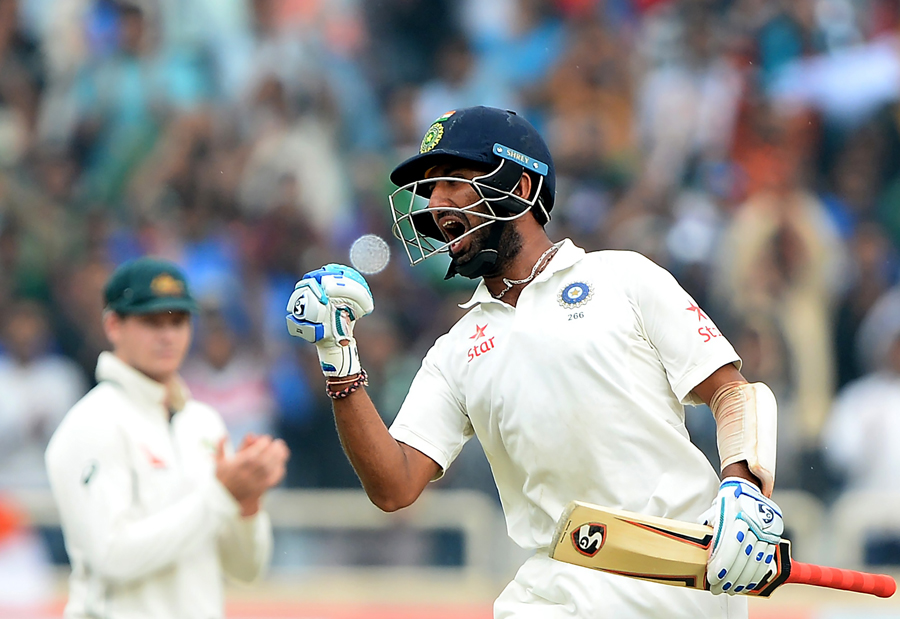 Pujara exults after reaching his double-century in Ranchi. Image credit: Sajjad Hussain/AFP Pujara exults after reaching his double-century in Ranchi. Image credit: Sajjad Hussain/AFP