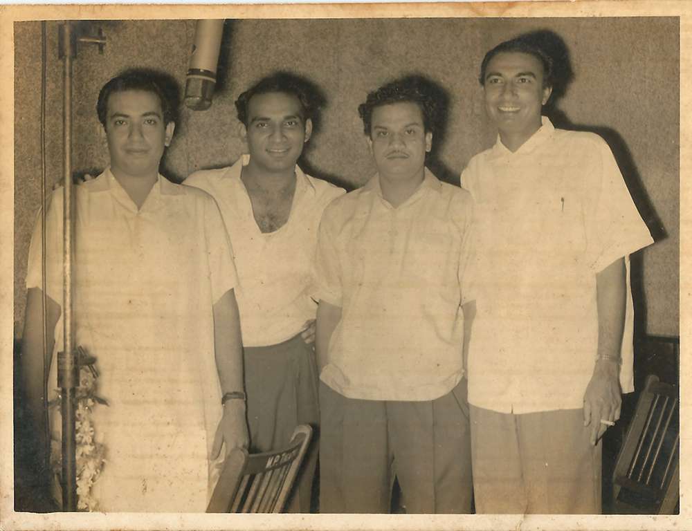 From L to R: Mahendra Kapoor, Yash Chopra, N. Datta and Sahir Ludhianvi. Photograph courtesy Shri Ruhan Kapoor. From L to R: Mahendra Kapoor, Yash Chopra, N. Datta and Sahir Ludhianvi. Photograph courtesy Shri Ruhan Kapoor.