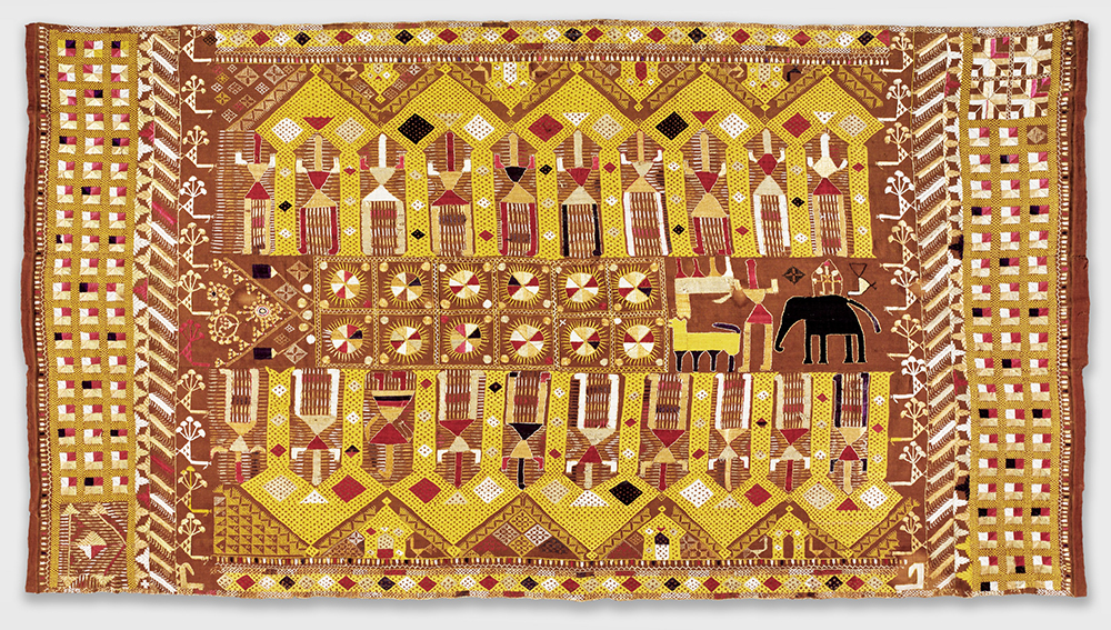 Handspun cotton plain weave with silk embroidery, unknown artist, Punjab, 20th Century. Photo Courtesy of Philadelphia Museum of Art. Handspun cotton plain weave with silk embroidery, unknown artist, Punjab, 20th Century. Photo Courtesy of Philadelphia Museum of Art.