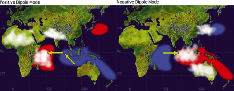 Sea surface temperature anomalies during Indian Ocean Dipoles. Arrows indicate wind direction, white patches are areas with more clouds and rain. Marchant et al 2007, Author provided Sea surface temperature anomalies during Indian Ocean Dipoles. Arrows indicate wind direction, white patches are areas with more clouds and rain. Marchant et al 2007, Author provided