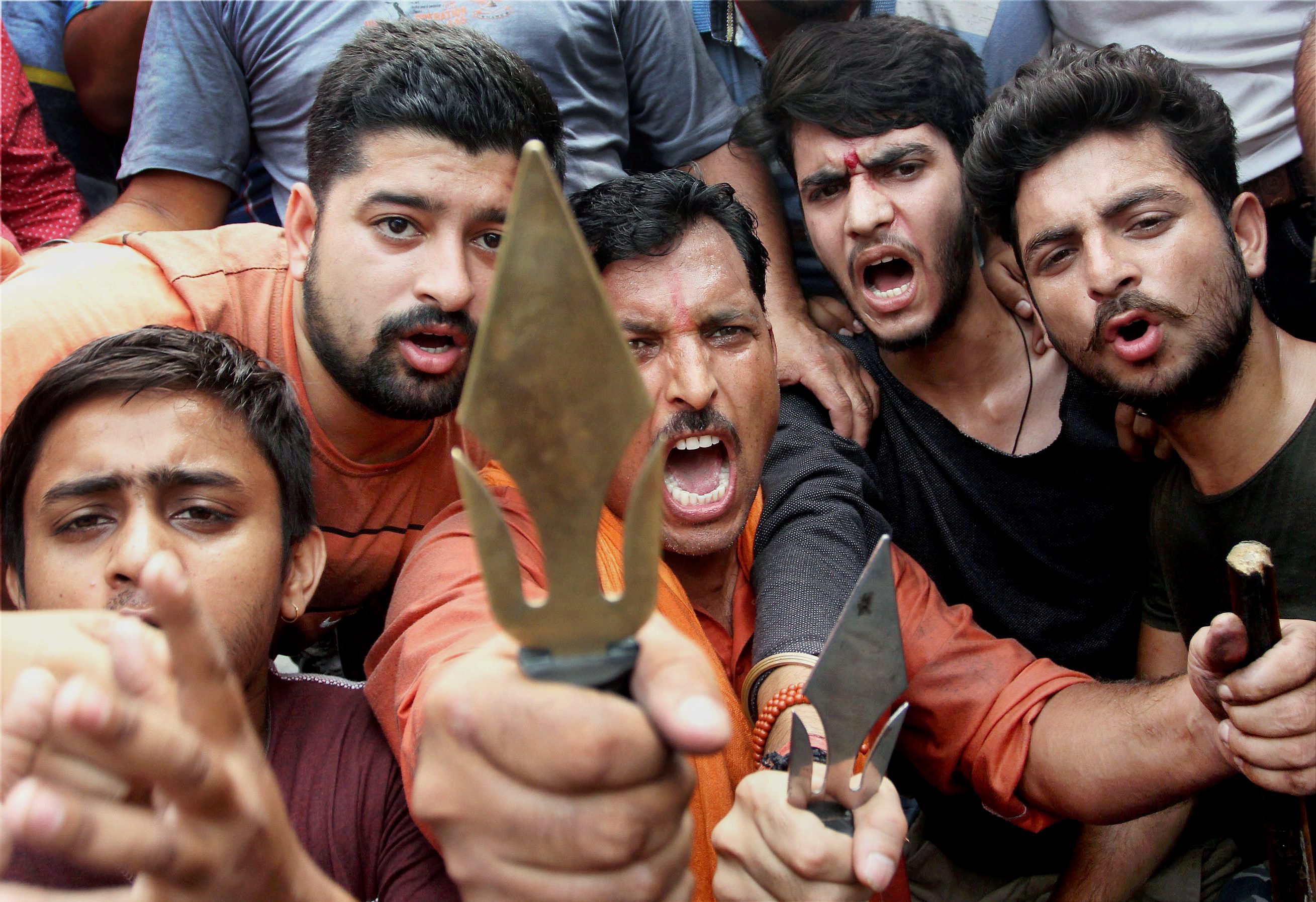 Bajrang Dal activists protest in Jammu (Credit: PTI) Bajrang Dal activists protest in Jammu (Credit: PTI)