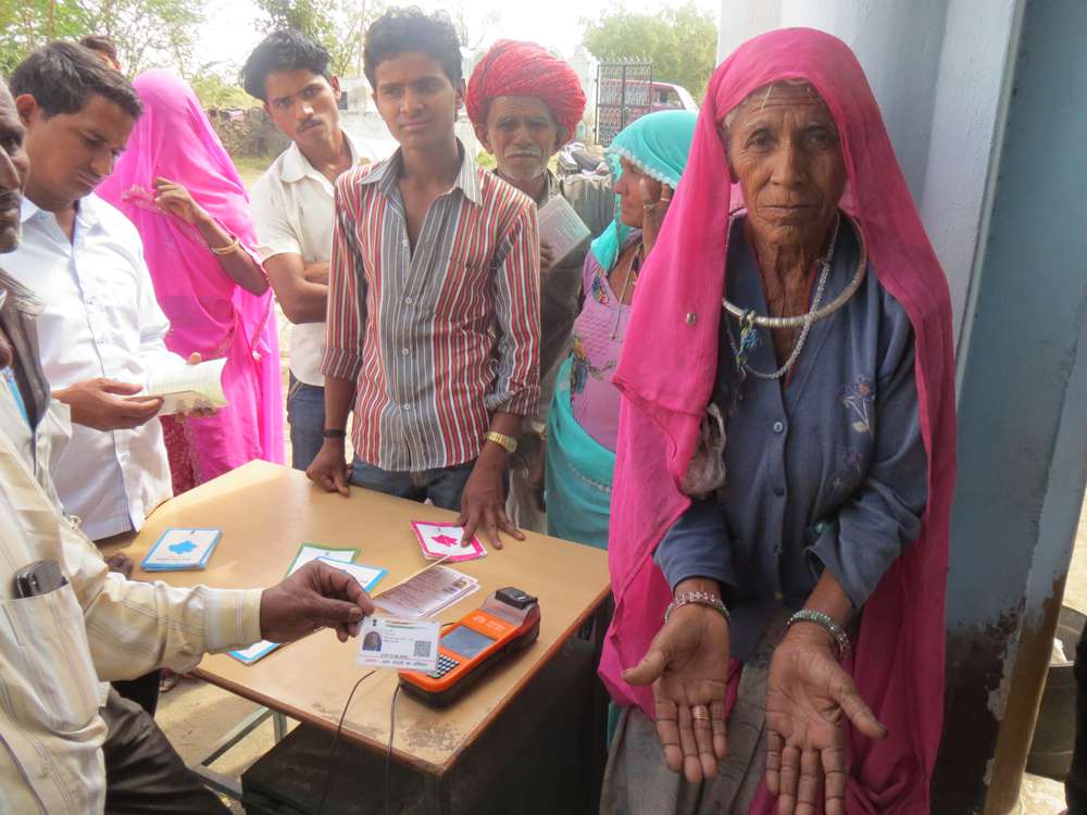 Hanja Devi in Daulatpura in Masuda in Rajasthan's Ajmer is an elderly ration beneficiary for whom fingerprint authentication shows errors. Photo: Anumeha Yadav Hanja Devi in Daulatpura in Masuda in Rajasthan's Ajmer is an elderly ration beneficiary for whom fingerprint authentication shows errors. Photo: Anumeha Yadav
