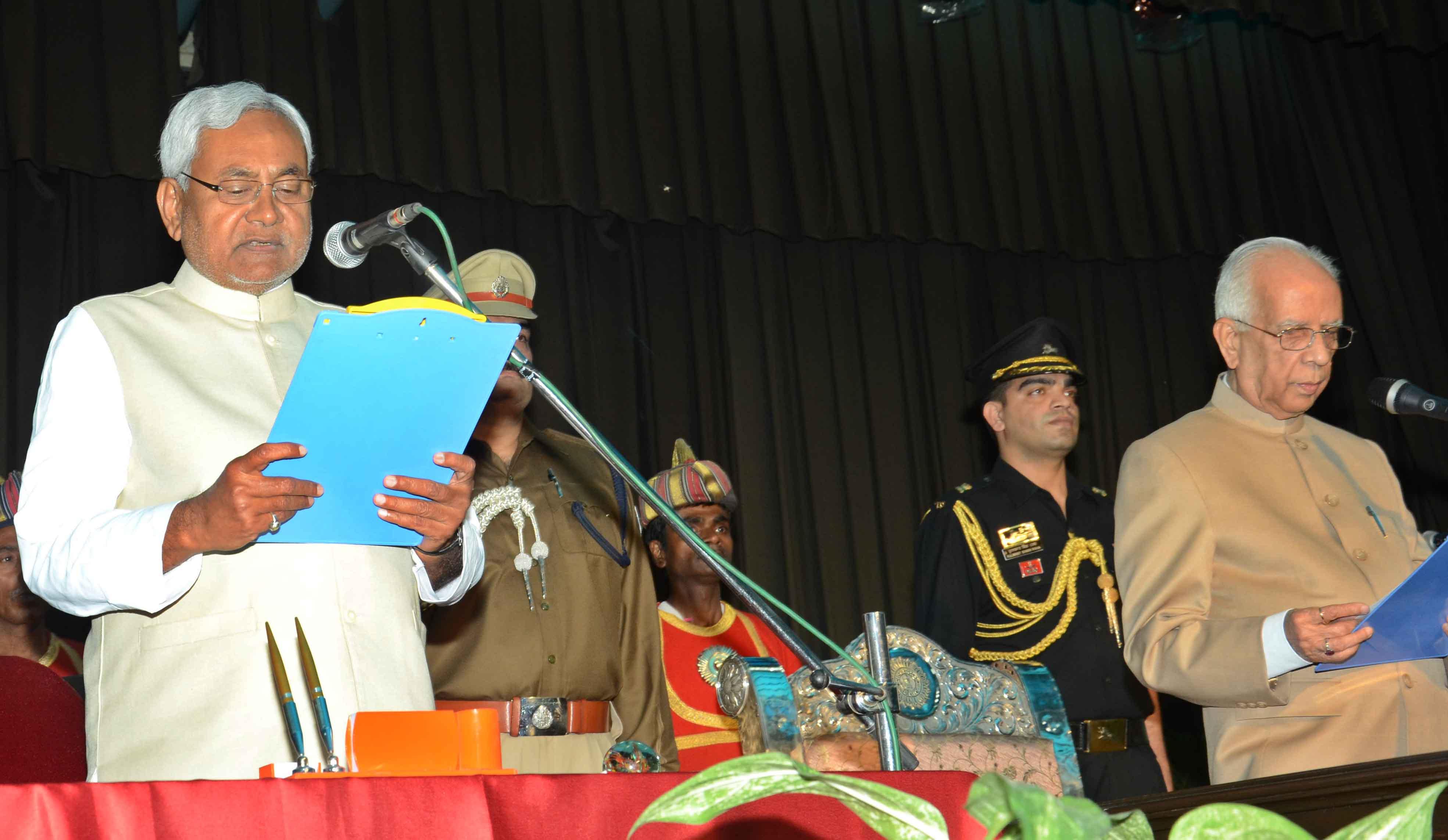 Nitish Kumar taking oath as chief minister for the third time in 2015. Photo credit: IANS Nitish Kumar taking oath as chief minister for the third time in 2015. Photo credit: IANS