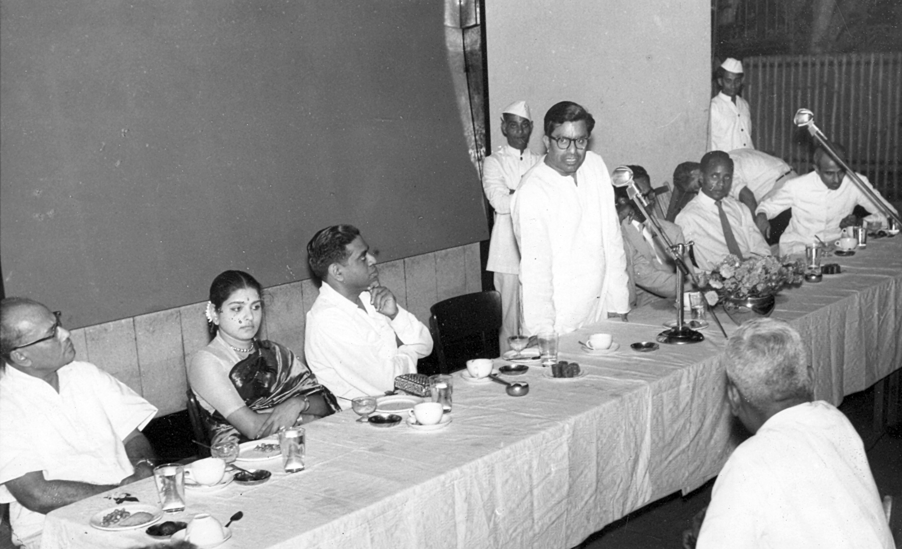 Professor and Mrs Alladi Ramakrishnan (seated) at a meeting in Madras of the Asian Students at which Education Minister C Subramaniam (speaking) was the chief guest, Oct 1959. Photo credit: Alladi Krishnaswami. Professor and Mrs Alladi Ramakrishnan (seated) at a meeting in Madras of the Asian Students at which Education Minister C Subramaniam (speaking) was the chief guest, Oct 1959. Photo credit: Alladi Krishnaswami.