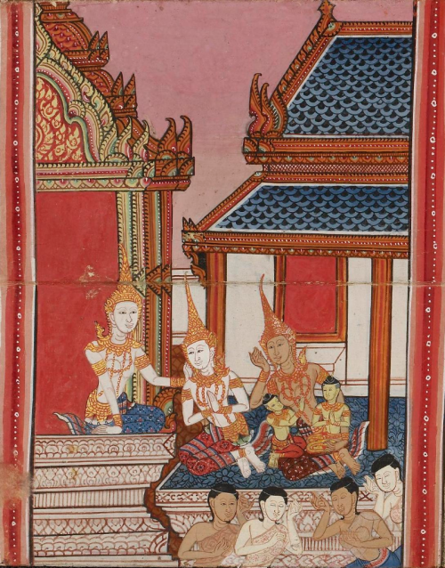 19th-century folding book from Central Thailand containing a collection of Buddhist texts and illustrations from the Ten Birth Tales. British Library, Or 16552, f. 26 19th-century folding book from Central Thailand containing a collection of Buddhist texts and illustrations from the Ten Birth Tales. British Library, Or 16552, f. 26