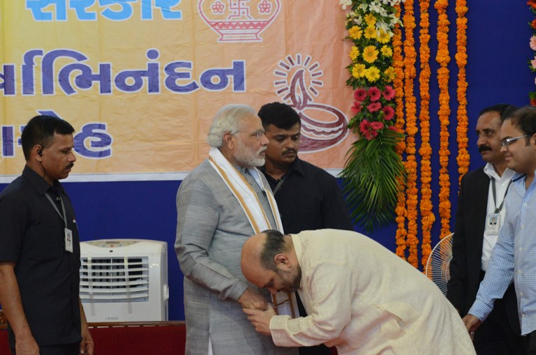 Amit Shah greets Narendra Modi. Credit: AFP Amit Shah greets Narendra Modi. Credit: AFP