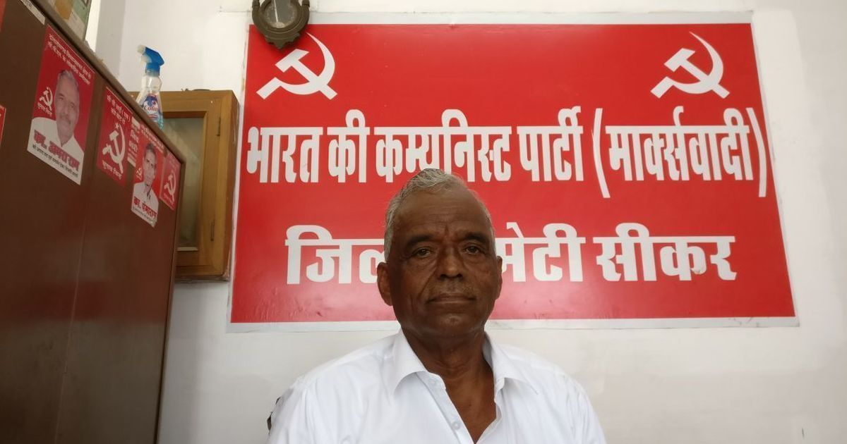 Three-time MLA from the CPI(M) and National President of the All India Kisan Sabha, Amra Ram, in the CPI(M) office in Sikar, Rajasthan. | Image credit: Shoaib Daniyal Three-time MLA from the CPI(M) and National President of the All India Kisan Sabha, Amra Ram, in the CPI(M) office in Sikar, Rajasthan. | Image credit: Shoaib Daniyal
