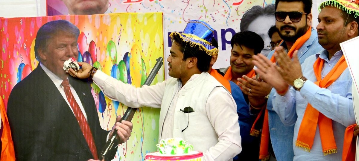 Hindu Sena celebrates Donald Trump's birthday with cake, balloons and posters in Delhi