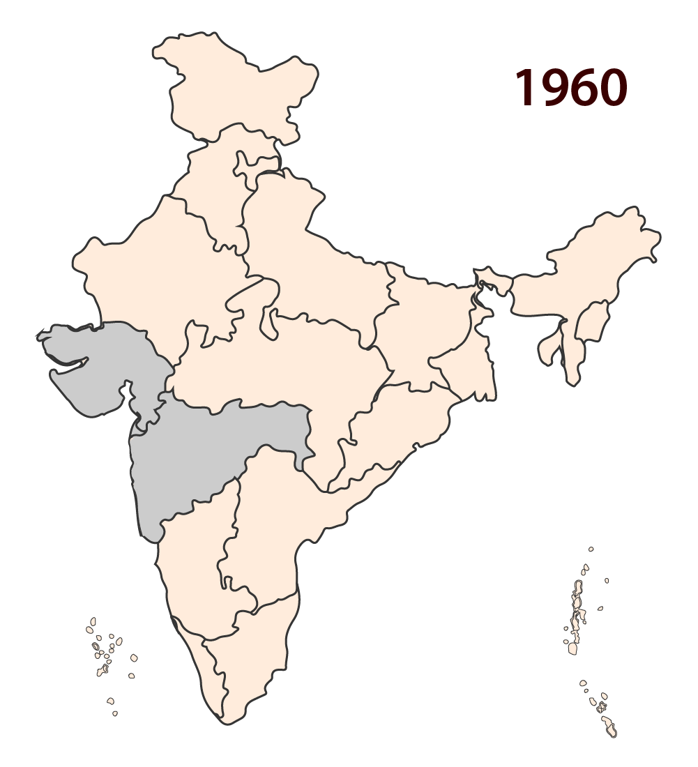 1960: Maharashtra and Gujarat are created. 1960: Maharashtra and Gujarat are created.