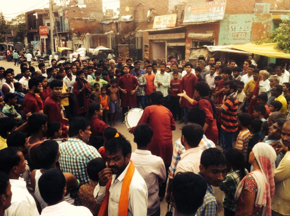 Members of central trade union All India Central Council of Trade Unions performing a street play 'Machine' in NOIDA in Uttar Pradesh in preparation for September 2 strike