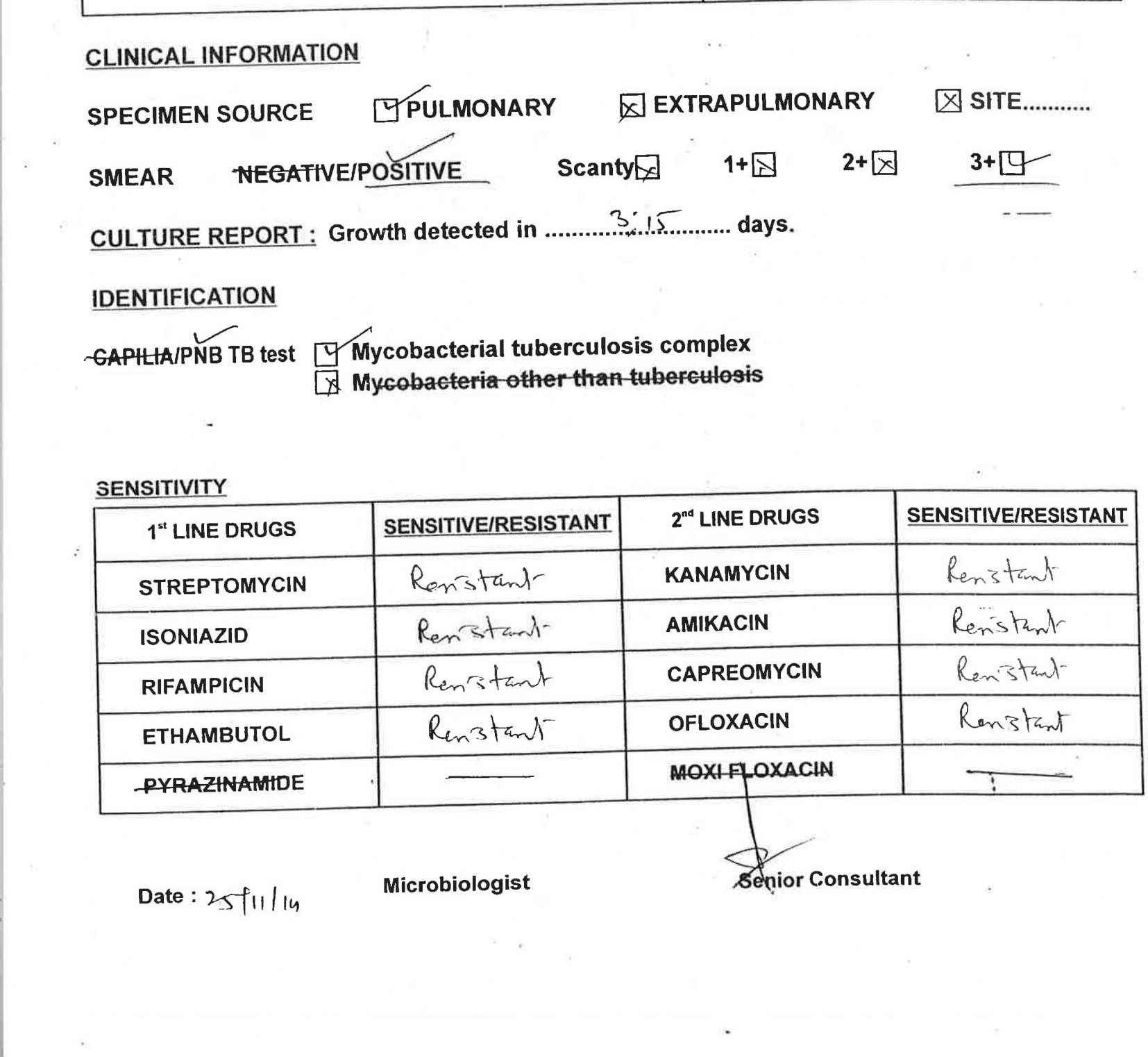 Priya's drug sensitivity test report from November 2014. Priya's drug sensitivity test report from November 2014.