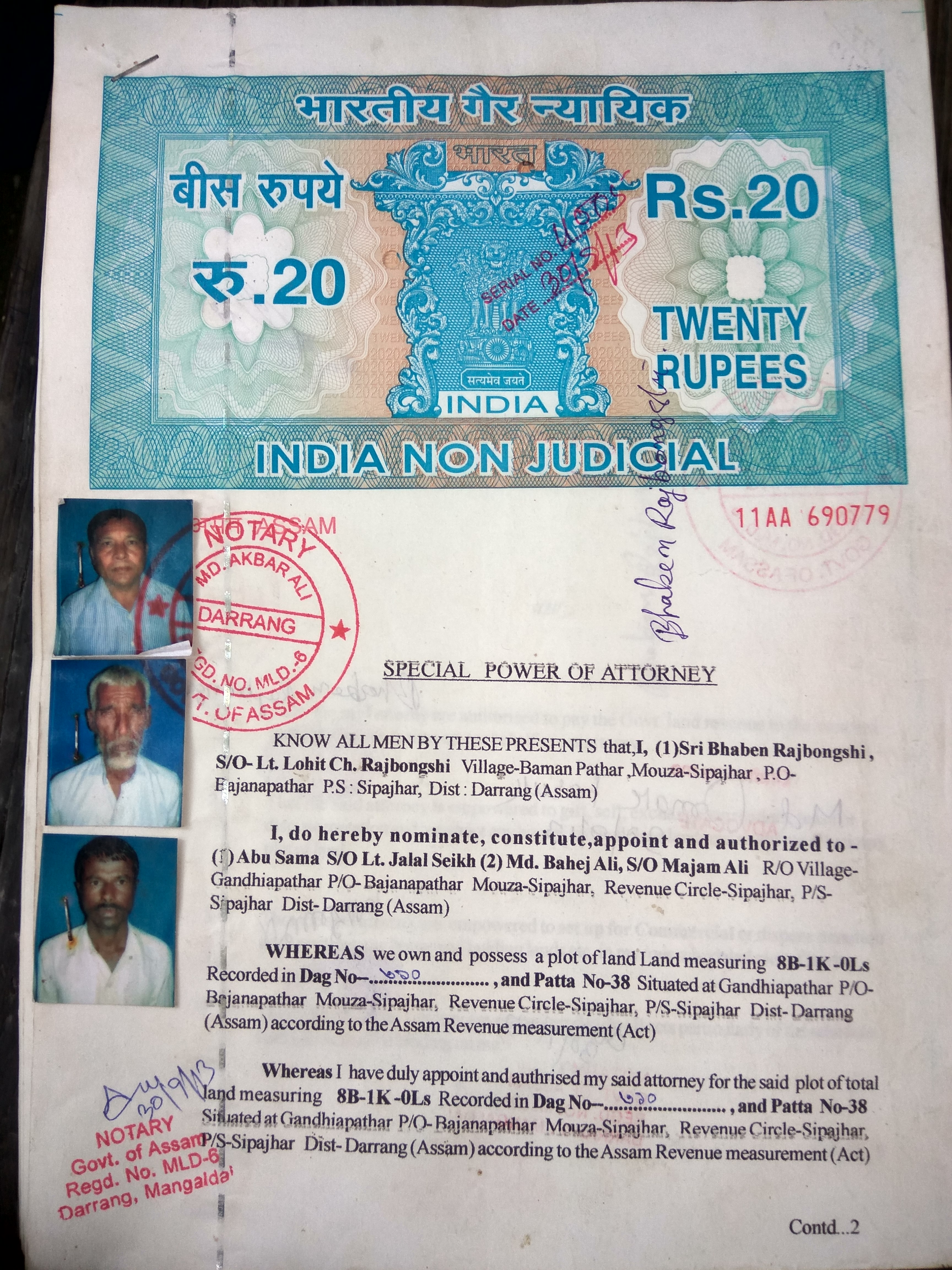 Abu Sama bought two acres of land in Gondhiyapathar for nearly Rs 2 lakh in 2012. He has a notarised agreement as proof of the transaction. Abu Sama bought two acres of land in Gondhiyapathar for nearly Rs 2 lakh in 2012. He has a notarised agreement as proof of the transaction.